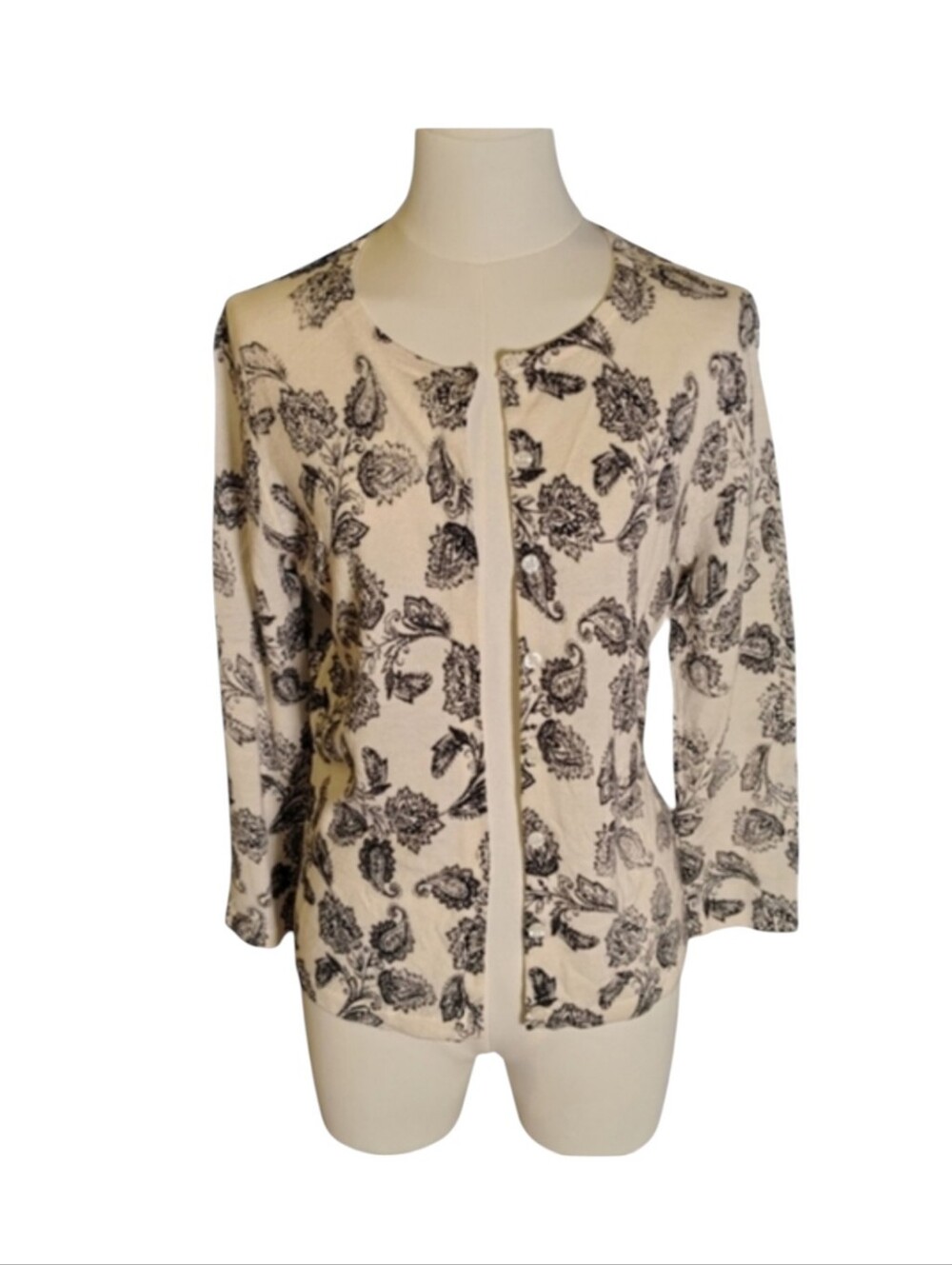 Garnet Hill 100% Merino Wool Cream Cardigan Black Fade Floral Pattern Size Small